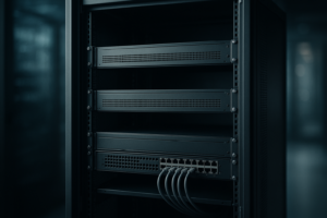 Ein aufgeraeumter fast leerer Serverschrank, kuehles Licht
