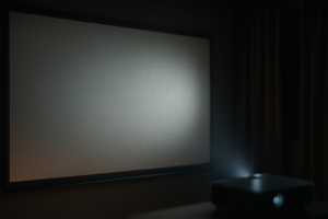 Eine weisse Heimkino-Leinwand in einem abgedunkelten Raum, ein Projektor wirft ein weiches Bild darauf, seitliches Streiflicht zeigt die matte Oberflaeche