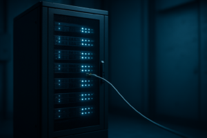 Ein abgeschotteter Serverschrank in einem dunklen Technikraum, davor eine einzelne Netzwerkleitung die nach aussen fuehrt, kuehles blaues Licht, keine Menschen, sachliche Technikfotografie