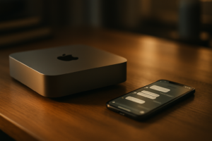 Ein Mac mini auf einem Schreibtisch neben einem Smartphone mit offenem Chat-Fenster, warmes Abendlicht, ruhige technische Stimmung, keine Schrift im Bild