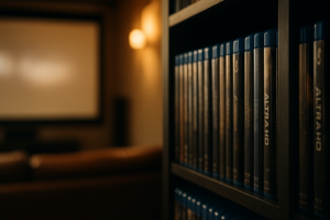 Ein Regal voller UHD-Blu-ray-Huellen in einem Heimkino, warmes Licht, im Hintergrund unscharf eine Leinwand, keine Schrift im Bild