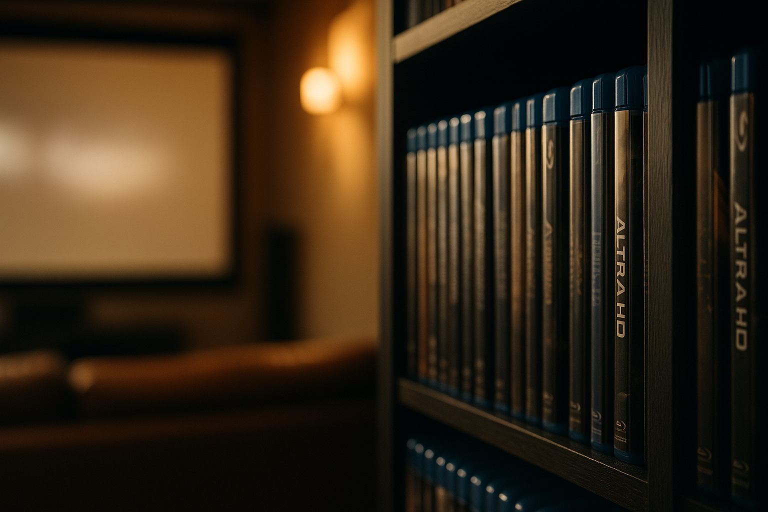 Ein Regal voller UHD-Blu-ray-Huellen in einem Heimkino, warmes Licht, im Hintergrund unscharf eine Leinwand, keine Schrift im Bild