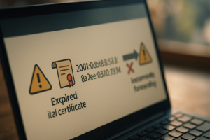 Abgelaufene digitale Zertifikate, IPv6-Adressen und eine falsche Weiterleitungsregel, technische Illustration