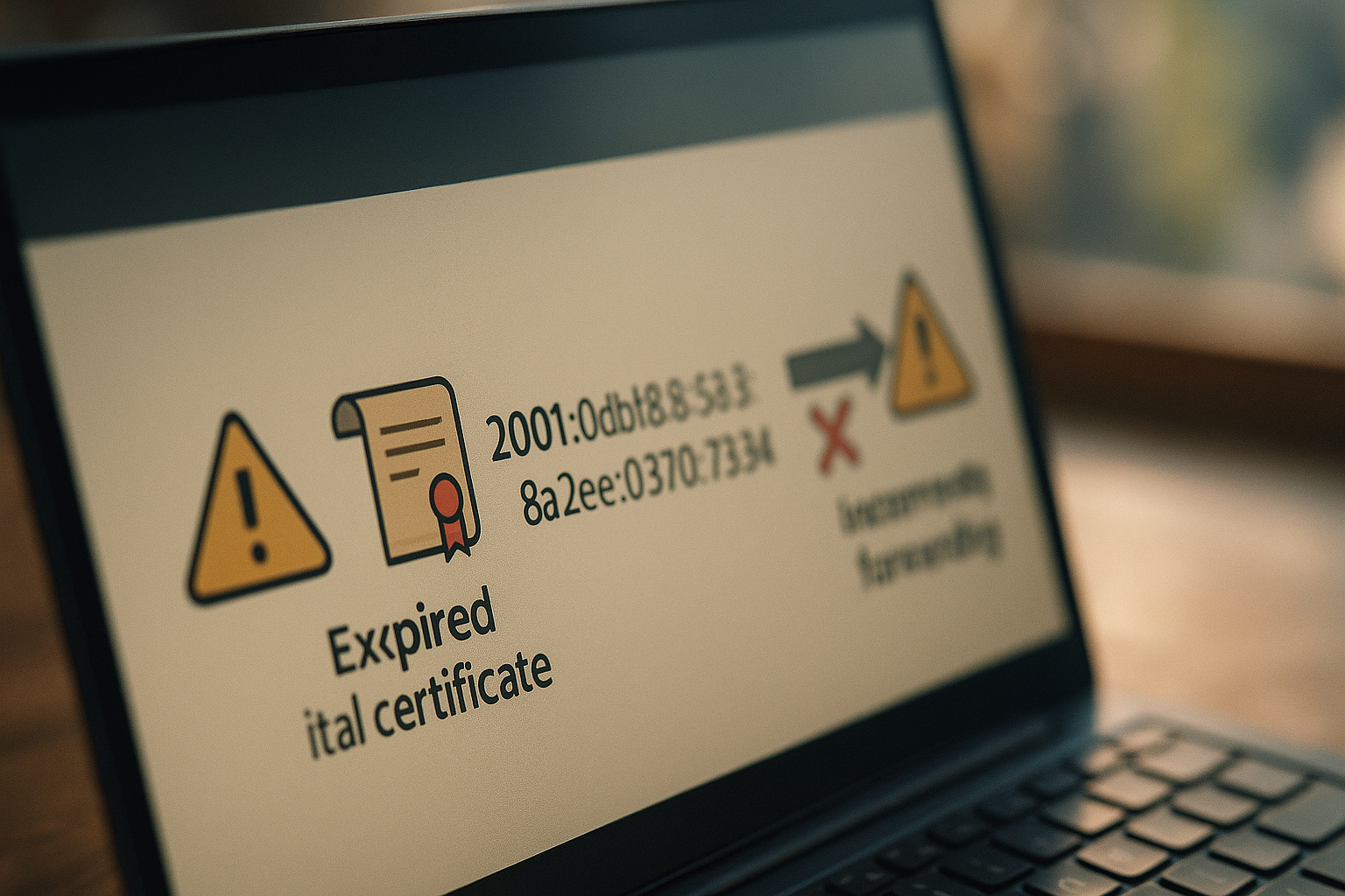 Abgelaufene digitale Zertifikate, IPv6-Adressen und eine falsche Weiterleitungsregel, technische Illustration