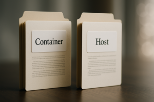 Zwei identisch aussehende Dateien mit unterschiedlichem Inhalt, Container und Host, technische Illustration